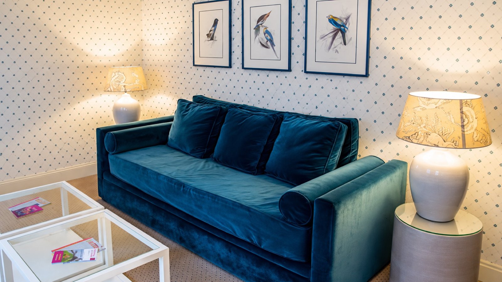 Blue velvet sitting area with framed bird illustrations
