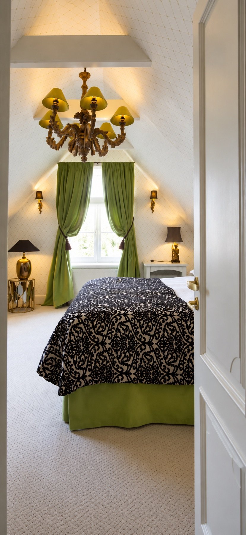A green-accented bedroom with a chandelier